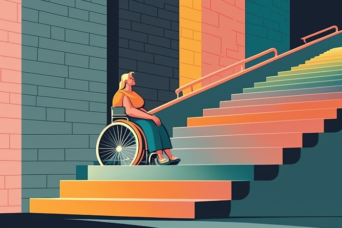Frau im Rollstuhl auf Treppe