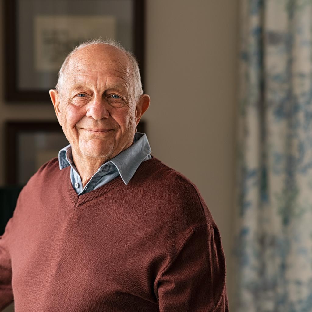 Glücklicher älterer Mann schaut zu Hause in die Kamera