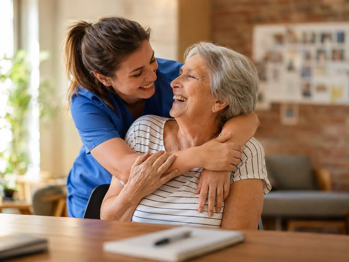 Pflegekraft der ambulanten Pflege umarmt eine Seniorin
